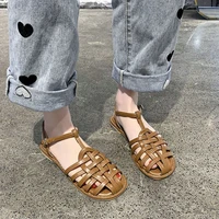 sandals womens fashion casual baotou personality woven hollow roman word buckle designer square heel solid color flat shoes