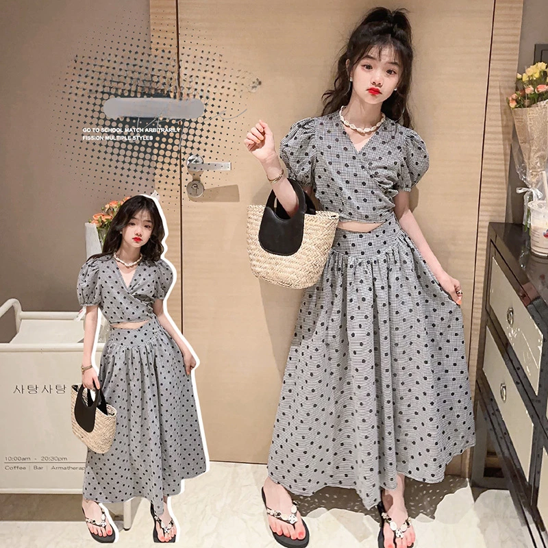 

Girls' 2023 Summer Vintage Celebrity Style Bubble Top Two Piece Set 2023 New Polka Dot Skirt Fashion Two Piece Set