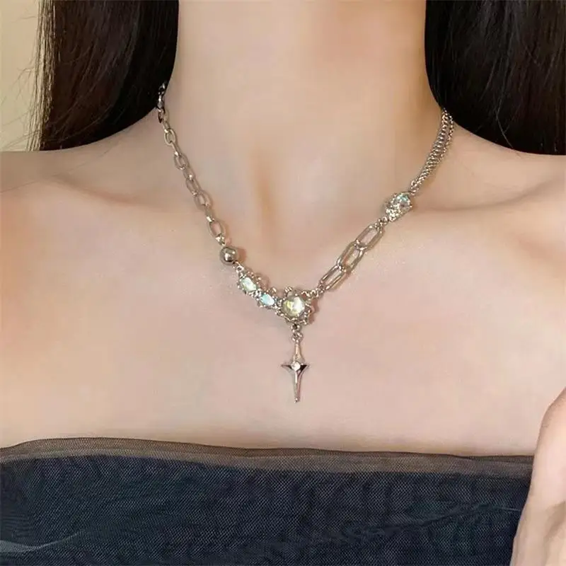 

Women's Necklace Summer Must-have Moonlight Stone Cross Collarbone Necklace Glass Cat's EyeLeisure Women's Collarbone Chain