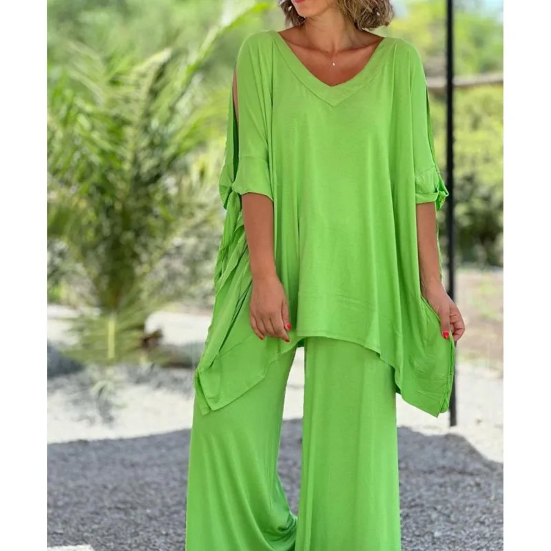 Модные летние однотонные брюки женские комплекты с короткими рукавами и