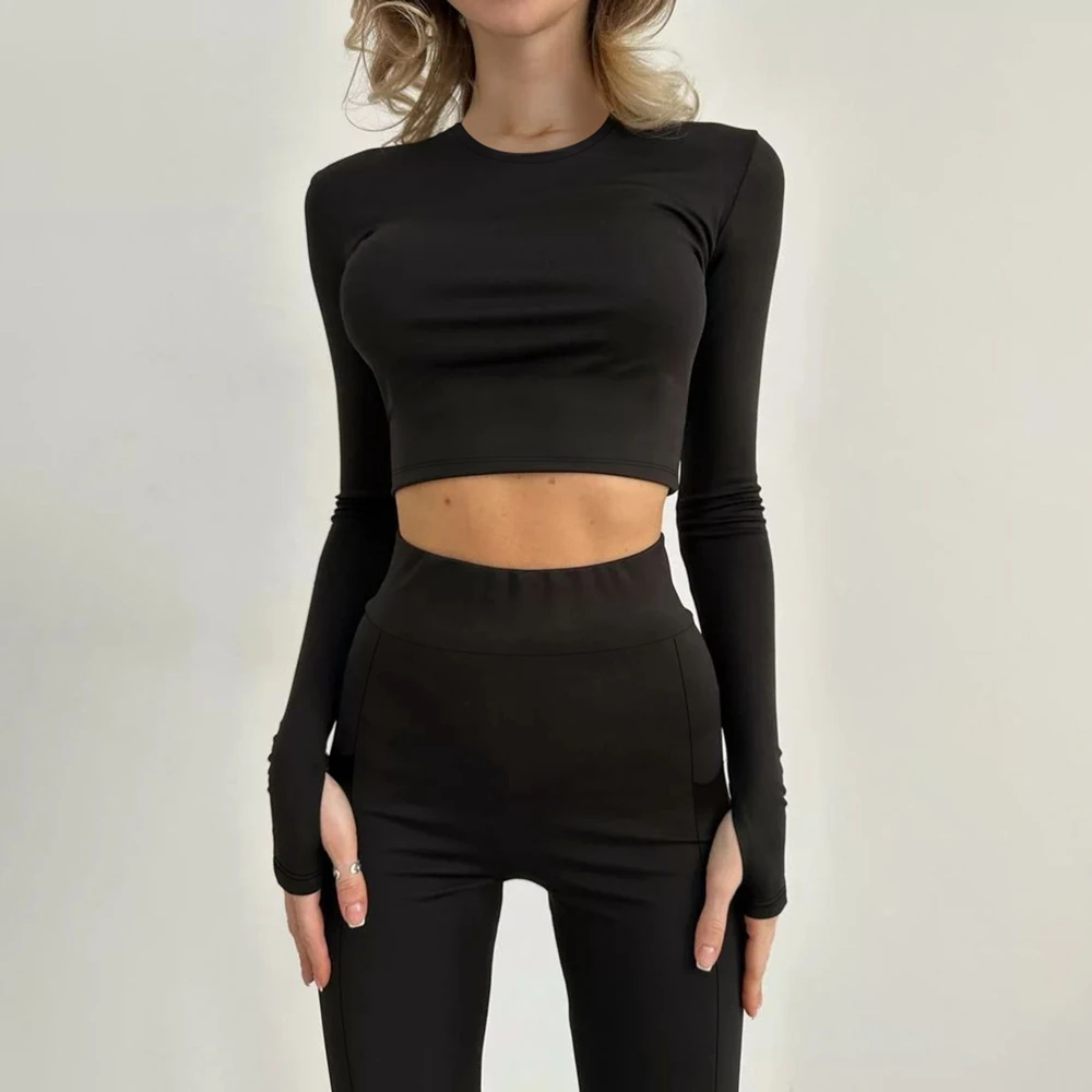 Модный облегающий короткий топ с круглым вырезом и длинными рукавами в