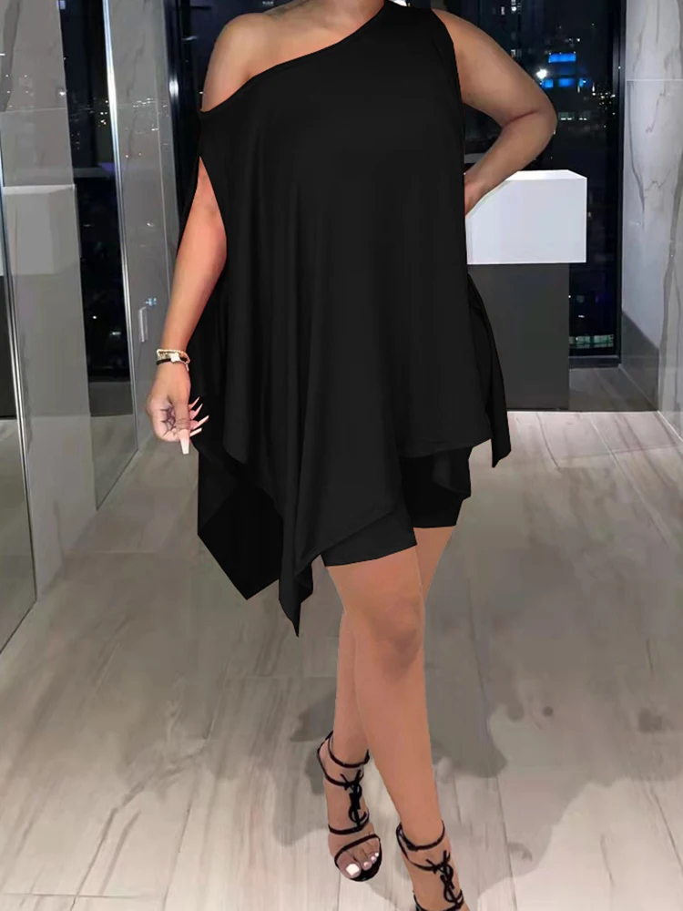 

Женский спортивный костюм из двух предметов, асимметричная свободная футболка без рукавов с одним открытым плечом и узкие короткие брюки, п...