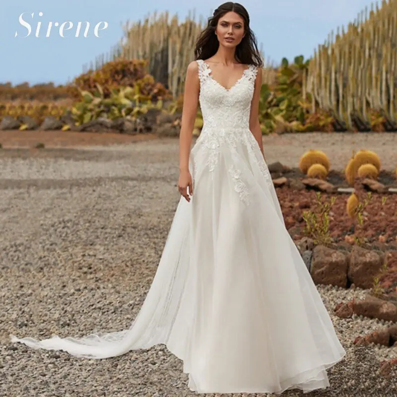 

Elegant A-Line Wedding Dress For Women 2023 White V-Neck Lace Applique Illusion Back Train Bridal Gowns Tulle Vestidos De Novia