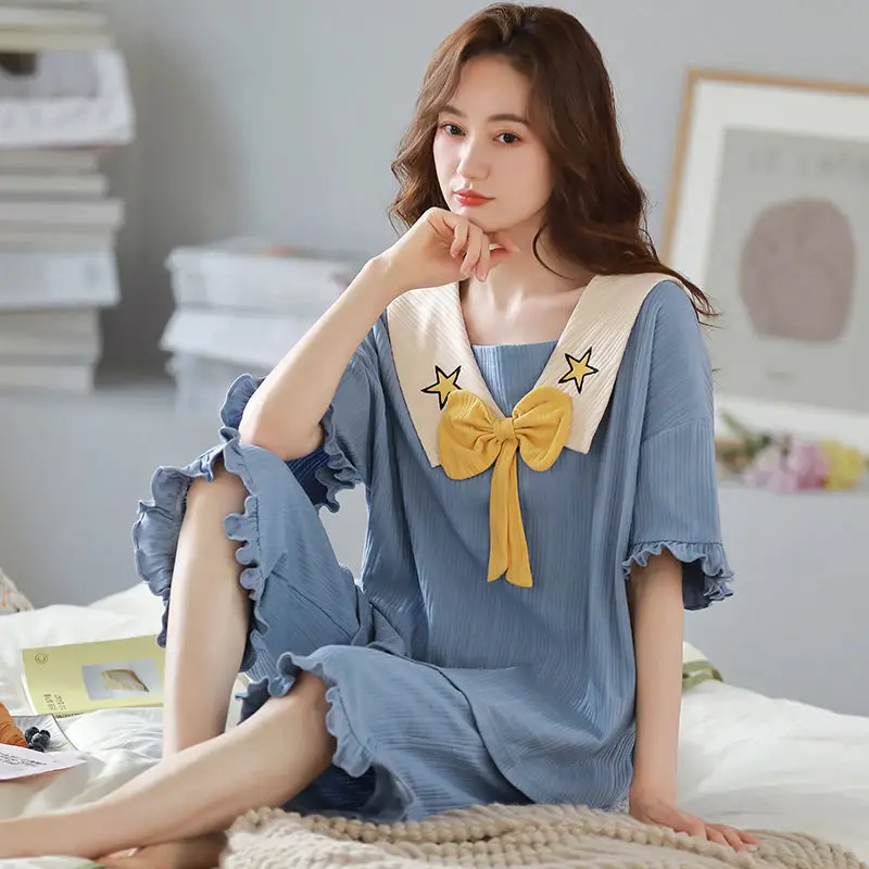 Summer Knitted Cotton Clouds Printing Two Piece Short Sleeved Women Pajamas Sets Pyjamas Ladies Sleepwear Cute Cartoon Pijamas