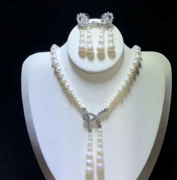 

free shipping Jewelry 4-6mm 8-9mm natural south sea white pearl necklace earring micro inlay zircon crystal pendant