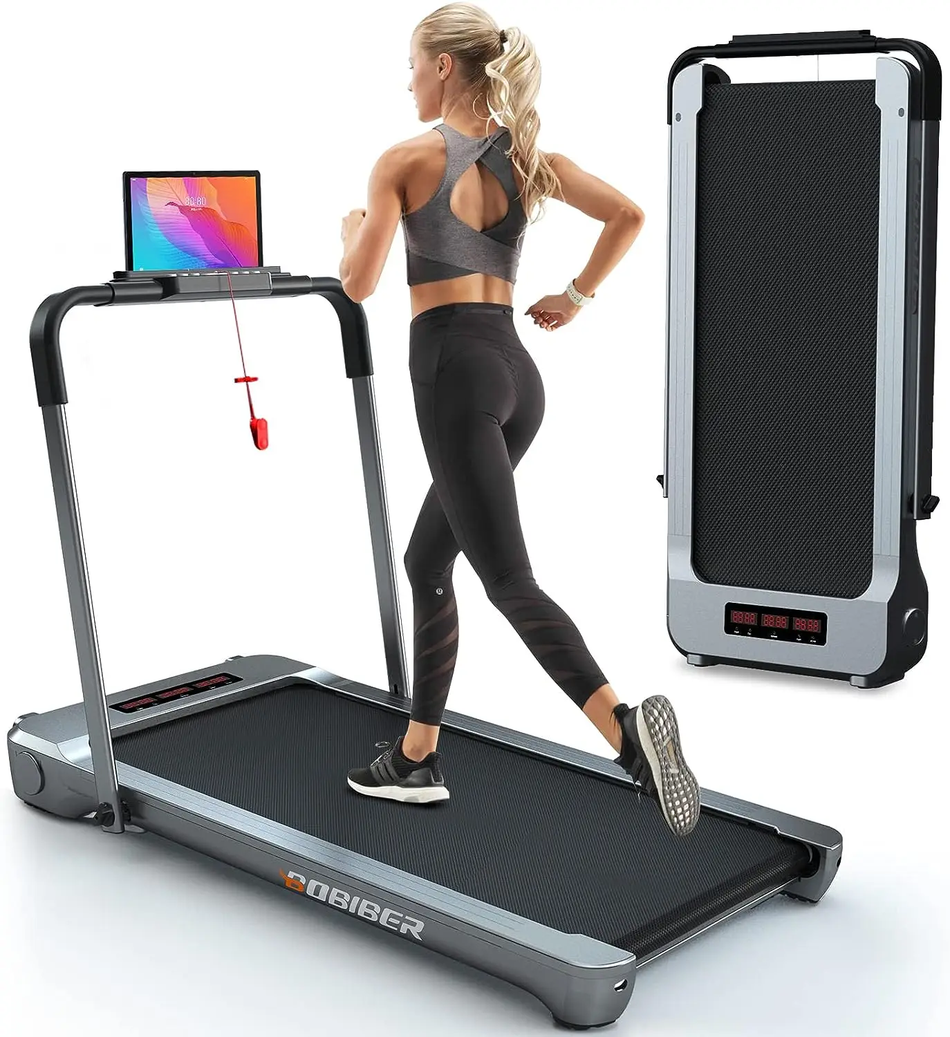 in 1 Under Desk Treadmill, Bobiber Folding Treadmill 265 lb Capacity 3.0 HP Widen Running Belt, Walking Pad with APP Control Rem