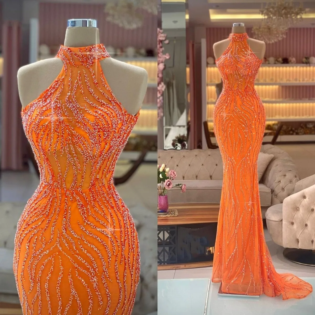 

Orange Evening Dresses for Women Party Wear Lace Mermaid Prom Gowns Runway Fashion Vestidos De Novia