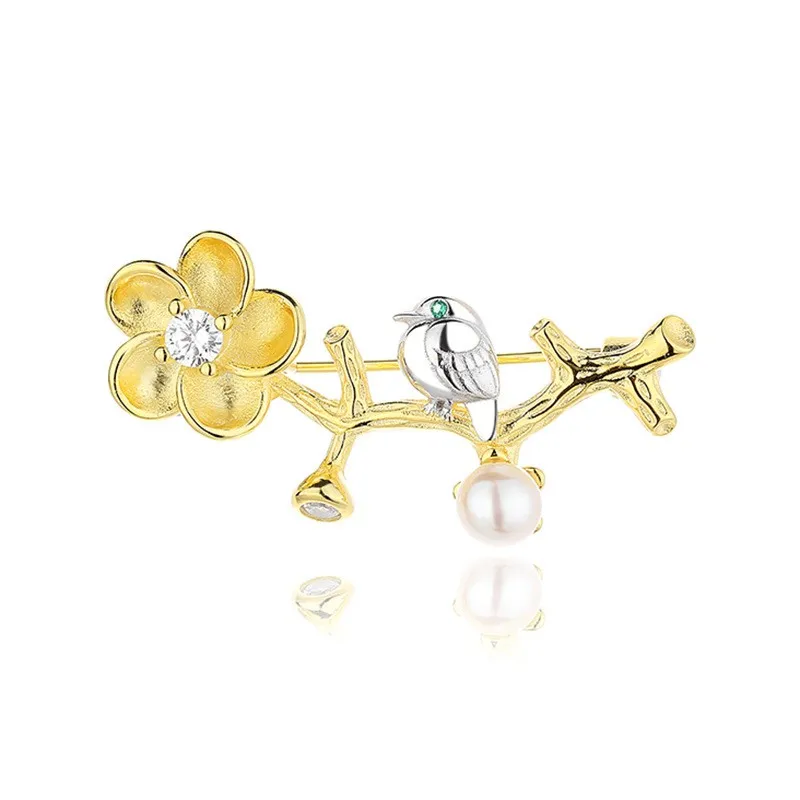 

XZS-1 ZFSILVER S925 Silver Fashion Trendy Luxury Brid Flower Branch Freshwater Pearl Brooch For Women Wedding Jewelry Girls Gift