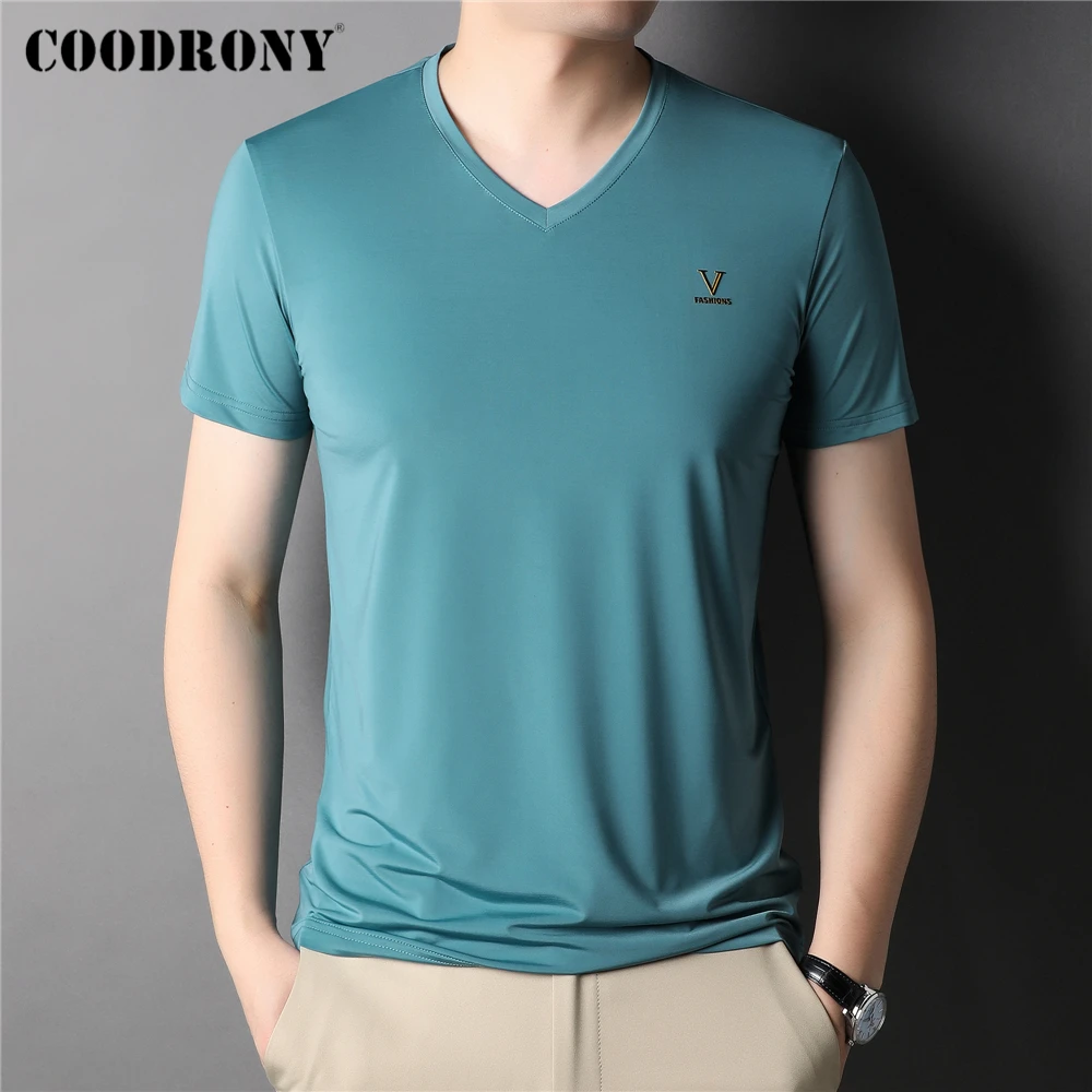 

COODRONY брендовая летняя новинка футболка с v-образным вырезом мужская одежда Классическая однотонная Повседневная футболка с коротким рукав...