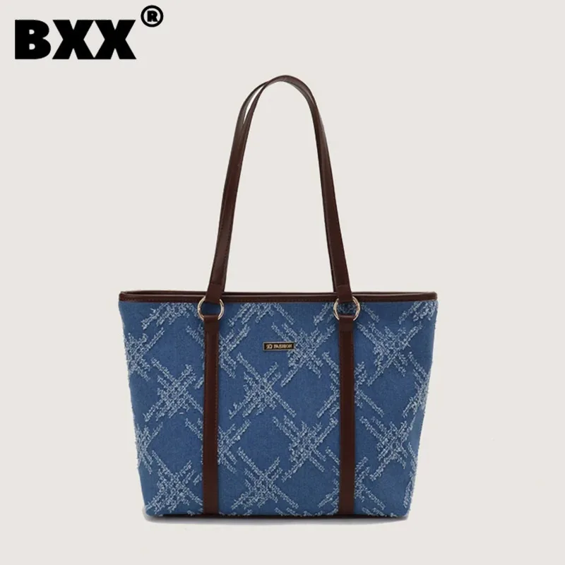 

[BXX] 2023 New Versatile Denim Tote Bag For Women Fashion Geometric Printed Large Capacity Female One Shoulder Handbag 8CY1083