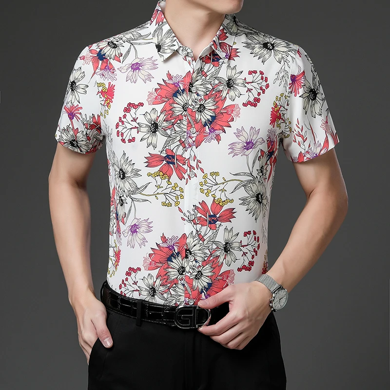 

Summer Ice Silk Men's Shirts Short-sleeved Slim Casual Shirt Fashion Business Streetwear Social Party Tuxedo Men Clothing 2022