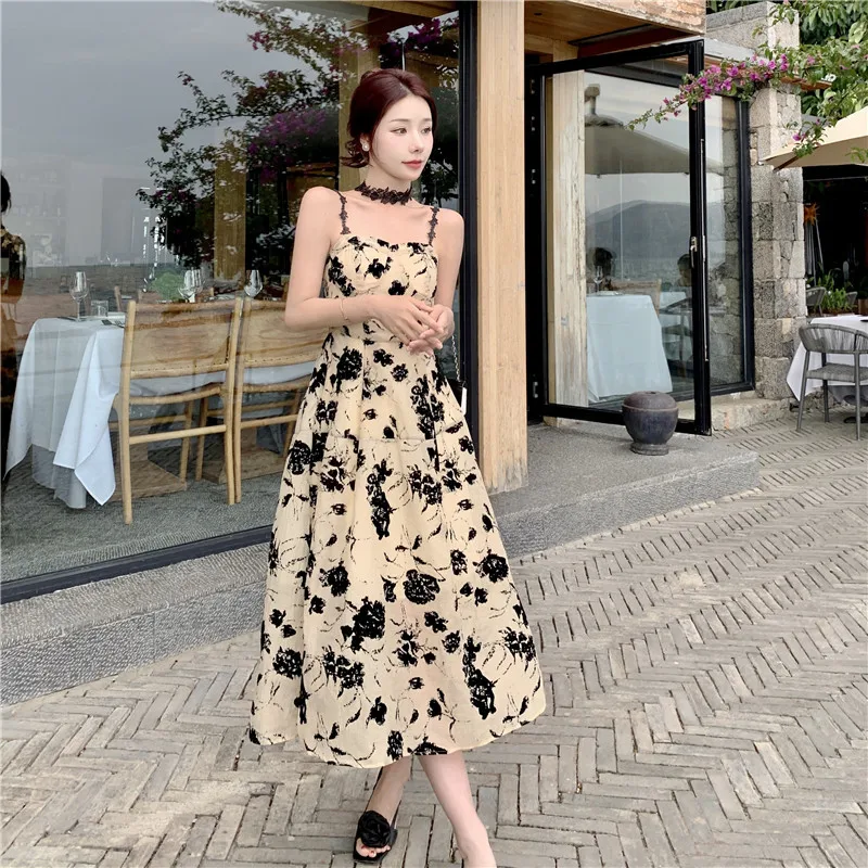 

2023 Summer Floral Strap Midi Dress Women Sleeveless Elegant Vintage Dress Evening Party One Piece Dress Korean Fashion