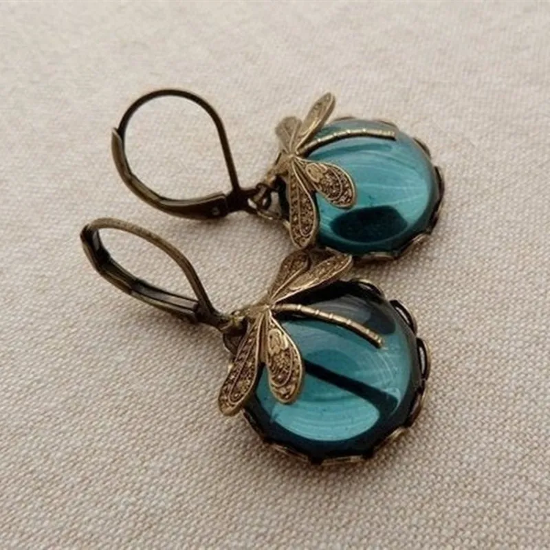 

Vintage Dragonfly Pendant Earring Green Stone Dangle Earrings for Women Girl Statement Party Earrings Fashion Jewelry