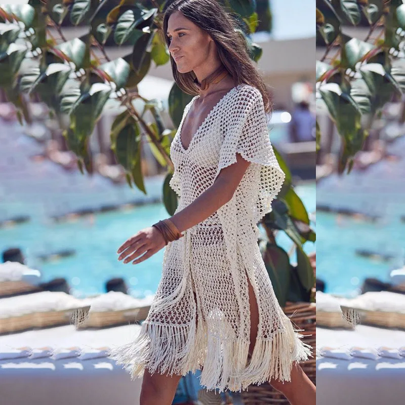 

Knitted V-neck fringed split beach skirt sun protection coverup cut-out bikini coverup beach wear beach cover up beach dress