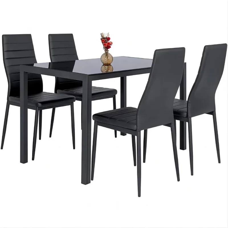 

5 Pieces Dining Room Set Tempered Glass Dining Table with 4 Chairs, Black dining room chairs dining table set furniture