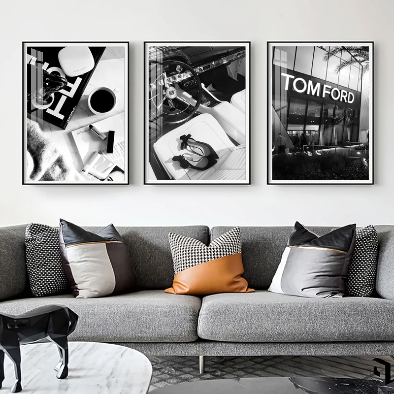 

Black and white character prints and posters car woman high heels canvas painting luxury store photo art picture for shop decor