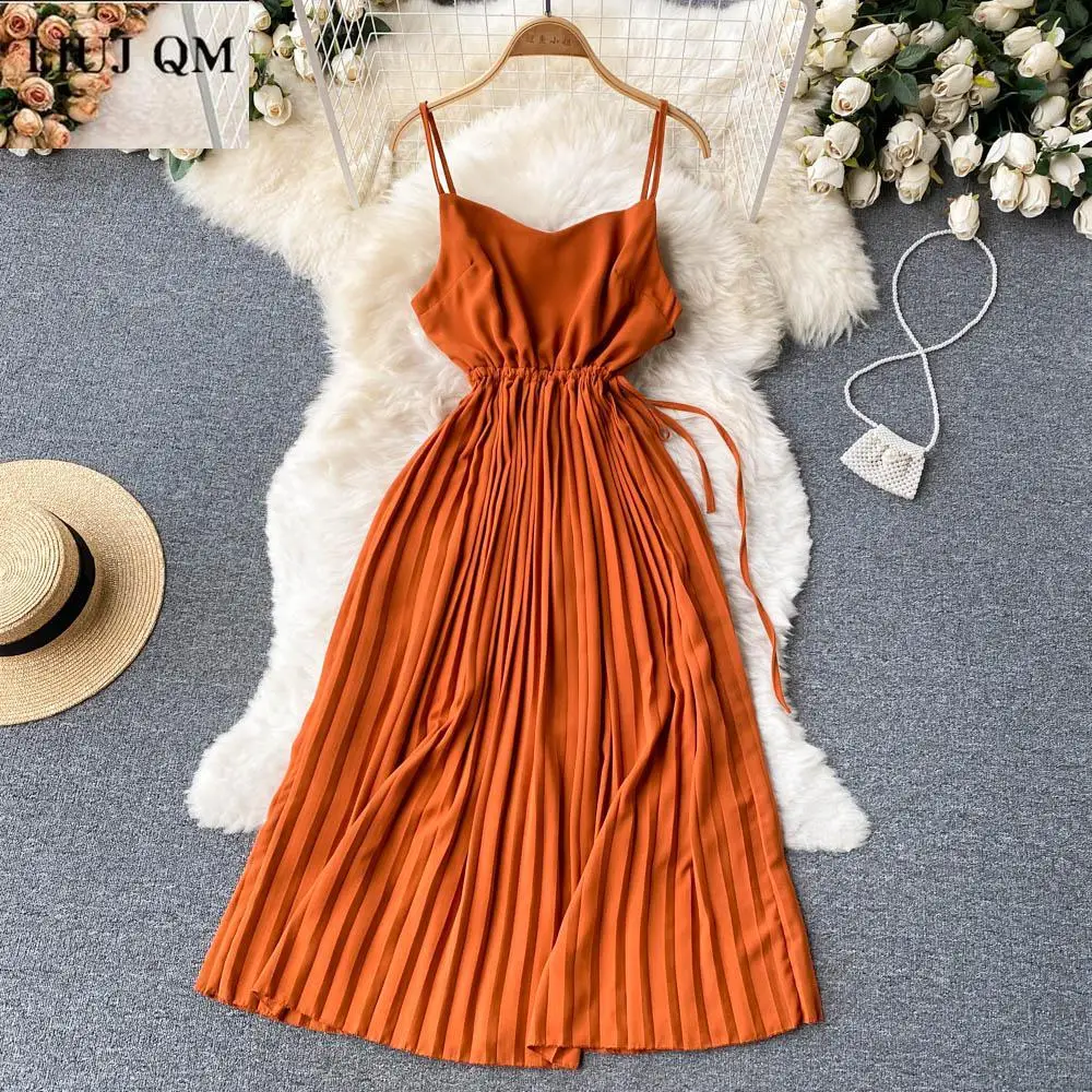 

Summer Women Pleated Spaghetti Strap Dress Ladies Sleeveless High Waist Solid Draw String Sweet Beach Holiday Mid-calf Dresses