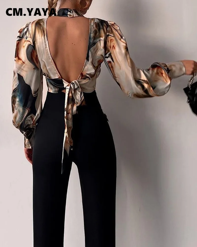 Женская блузка с длинным рукавом-фонариком воротником-стойкой и высокой талией |