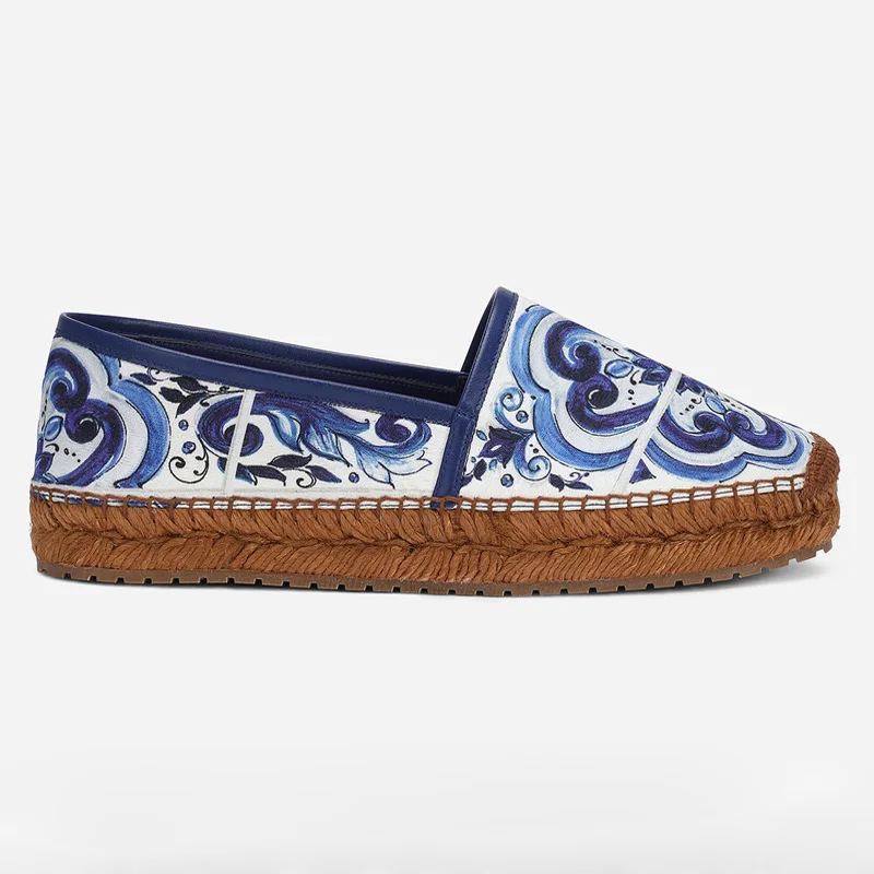 Newest Blue and White Porcelain Cloth Fishman Flats Shoes Rope Braided Thick Sole Woman Comfortable Slip On Loafer Shoes