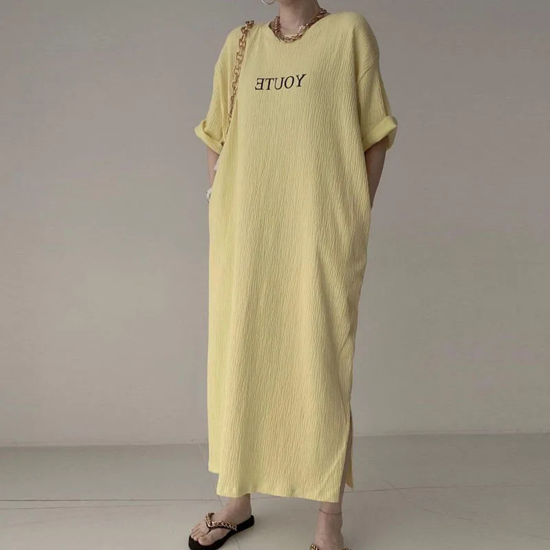 

Korean Chic Summer Woman Dress 2022 Fashion Vintage O-Neck Letter Print Pleated Design Oversize Casual Loose Elegant Long Vestid