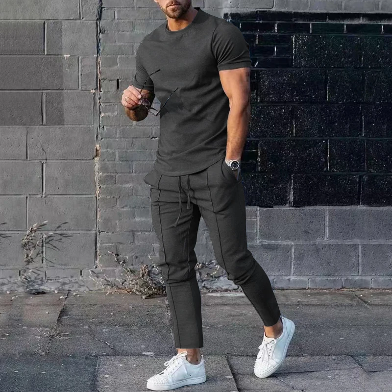 2023 Mens Fashion Two Piece Sets Solid Color T-Shirts And Slim Pants Suits For Men Spring Autumn Clothing Casual Streetwear