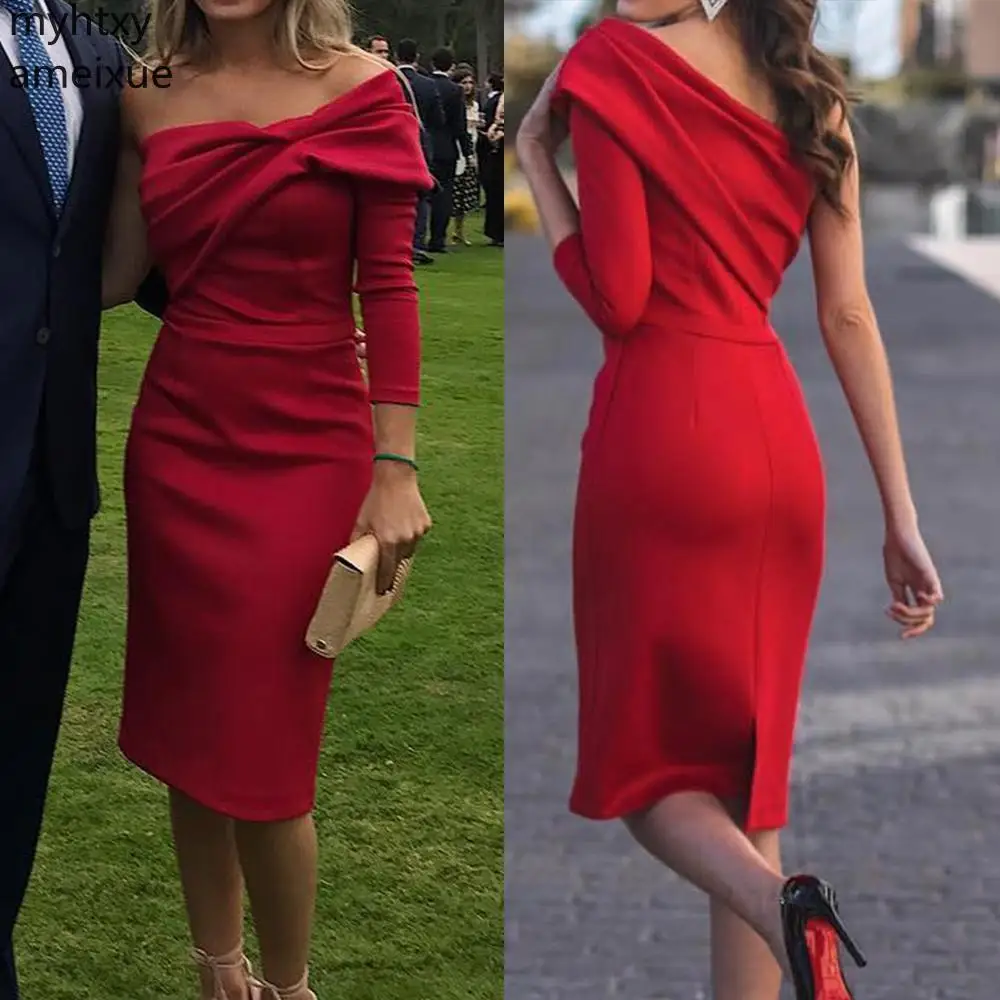 

party dress Red Prom Dress One Shoulder Short Paragraph Long Sleeves Slit Women Formal Cocktail Gown Simple Short Girl Prom