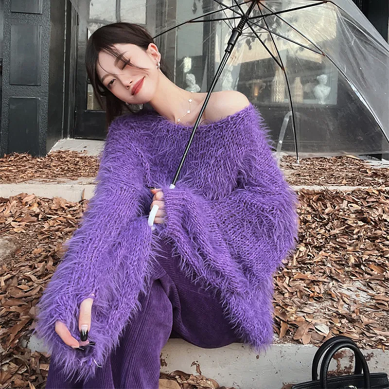 

Пушистый свитер, комплект из 2 предметов, Женский шикарный вязаный пуловер + вельветовые брюки с широкими штанинами, костюм из джемпера и брюк, свитер