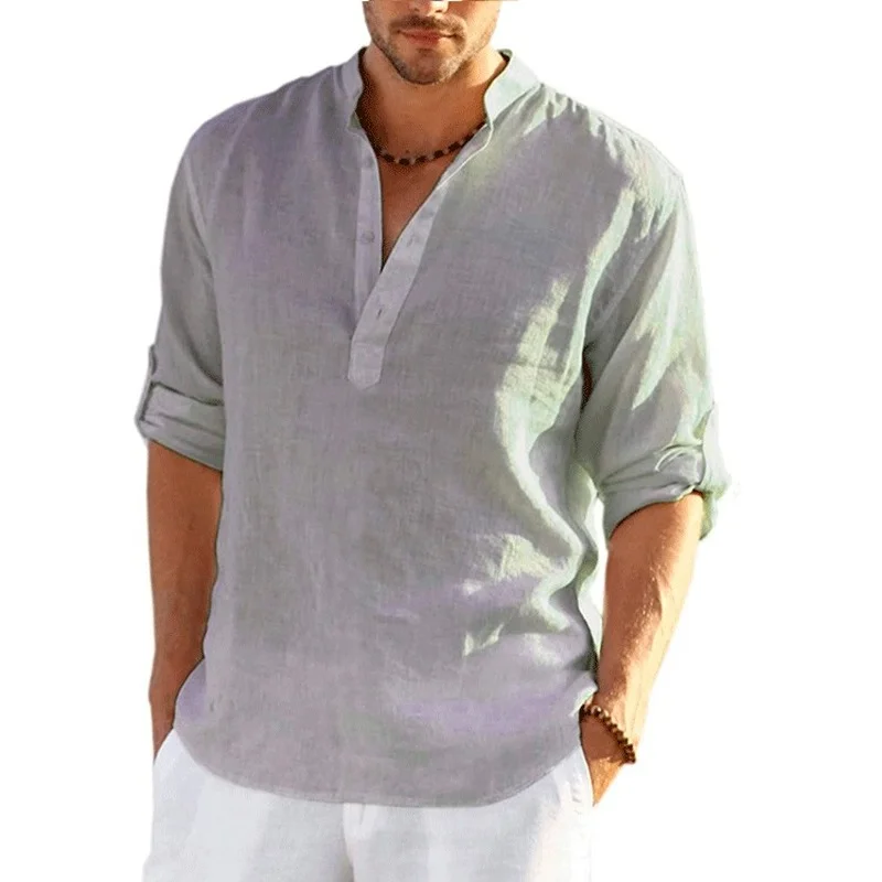 2022 New Men's Linen Long Sleeve T-Shirt Solid Color Loose Casual T-Shirt Long Sleeve Cotton Linen Shirt Plus Size