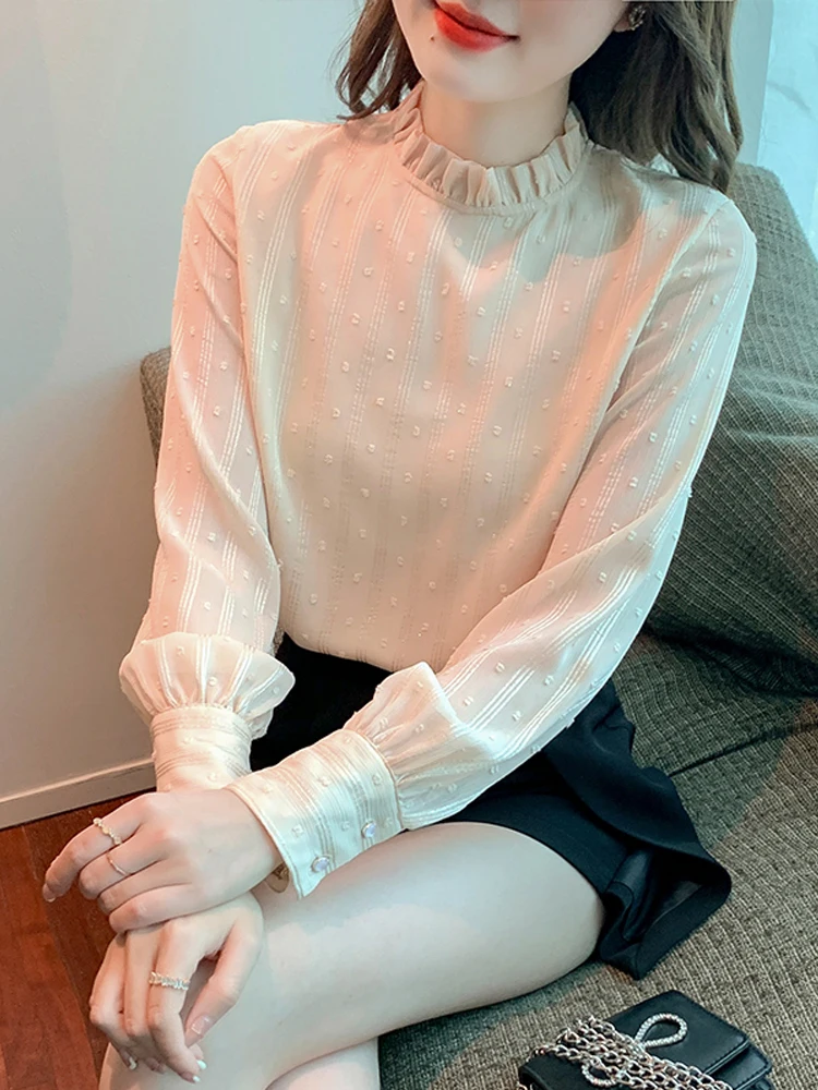 

Однотонная женская рубашка с воротником-стойкой, полосатая женская блузка с маленьким приподнятым горшком и длинным рукавом, топы, женские ...