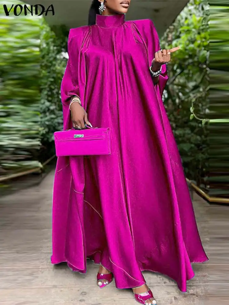 VONDA 5XL Plus Size Women Dress Stand Collar Elegant Satin Dress 2023 Long Bat Sleeve Evening Pleated Maxi Sundress Casual Robe