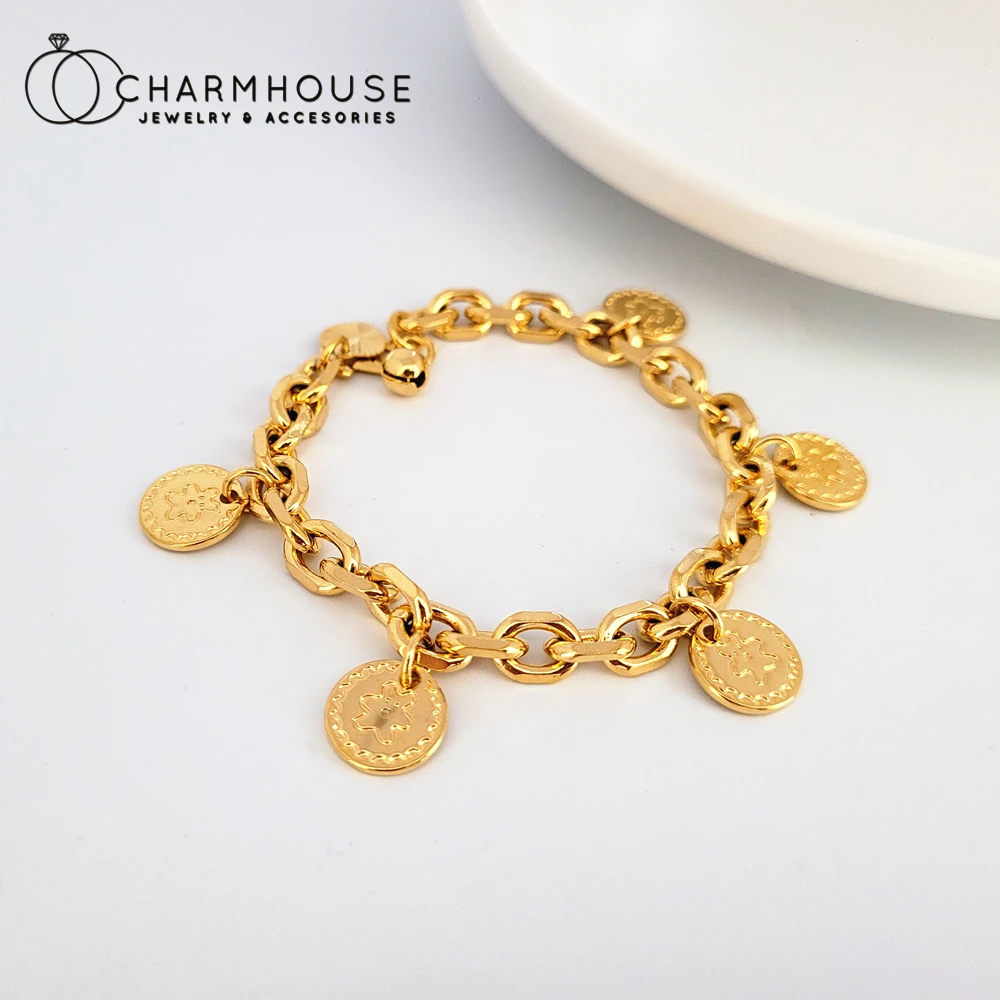 

24K Yellow Gold GP Charm Bracelets For Women Round Tags Bracelet & Bangles Pulseira Femme Vintage Jewelry Accessories Bijoux