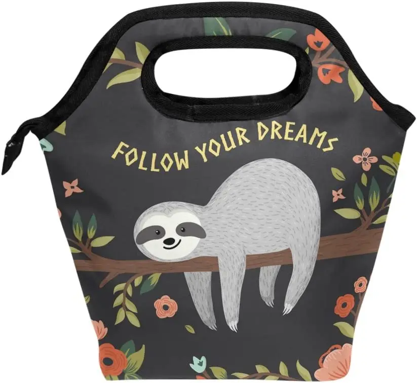 

Lunch Bag Cute Sloth Follow Your Dream Quote Insulated Reusable Lunch Box Portable Tote Bag Meal Bag Ice Pack for Boys Girls