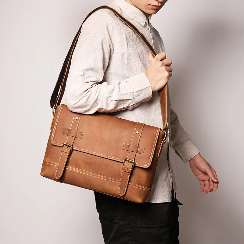 Fashion Men's Cambridge Bag Crazy Horse Leather Messenger Bag Retro British Style Man Crossbody Bag