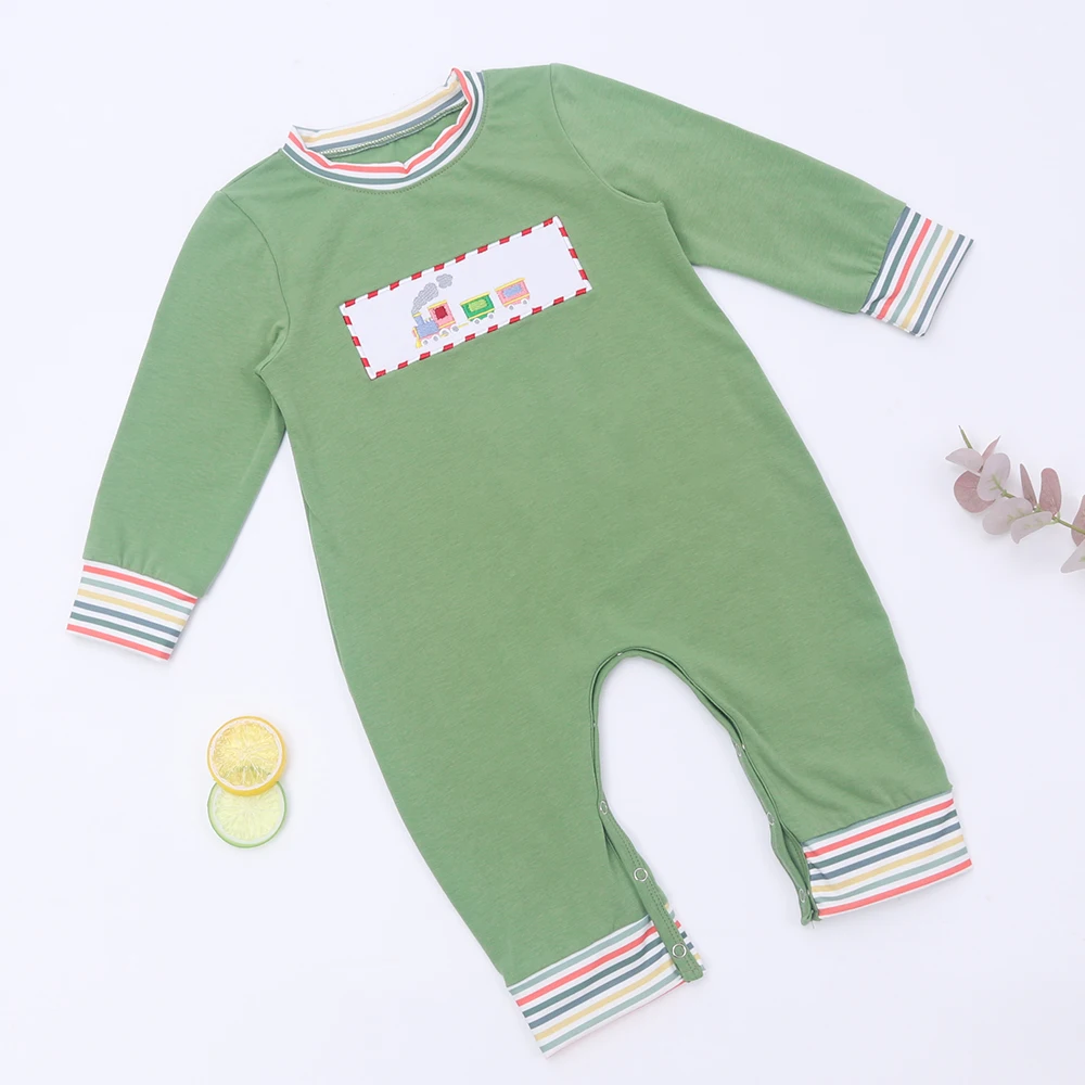 

0-3 Yrs Newborn Hot Baby Boys Light Green Jumpsuits Long Sleeve Rompers With Train Embroidery Autumn Winter One-pieces Bodysuits