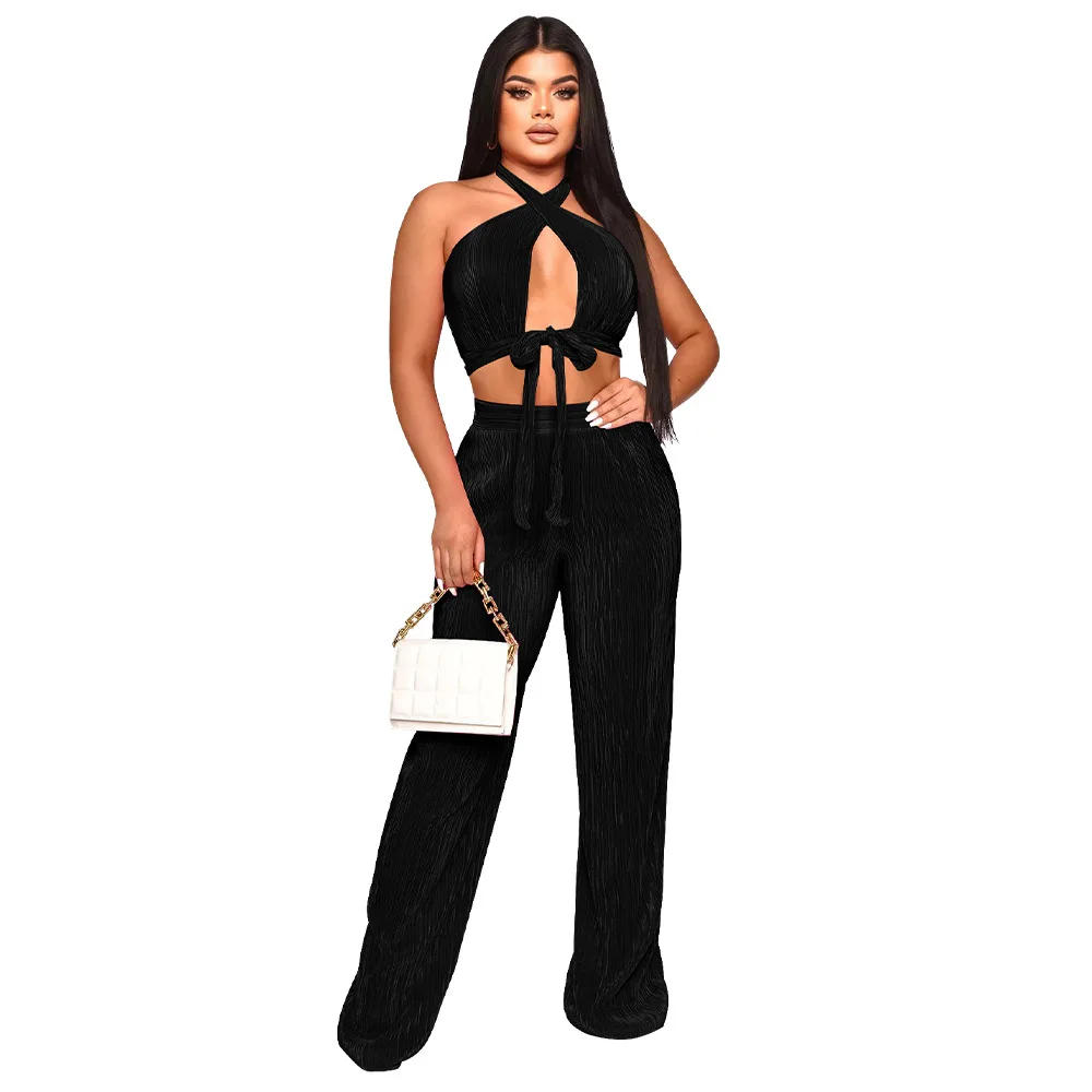 

Сексуальный женский летний комплект, Женский комплект из 2 предметов, укороченный топ с лямкой на шее для девочек, брюки, костюм женский, клубный, плиссированный комплект из двух предметов