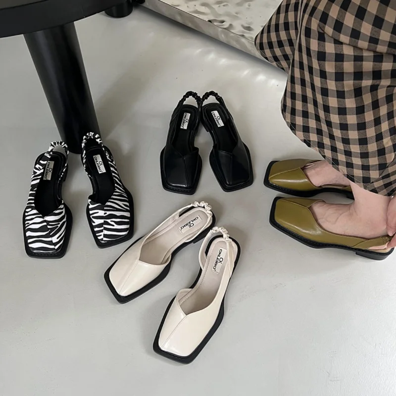 2023 Summer Elegant Ladies Sandals Fashion Ladies Elastic Band Flat Heel Women Shallow Party Shoes Square Heel 35-40 Square Toe