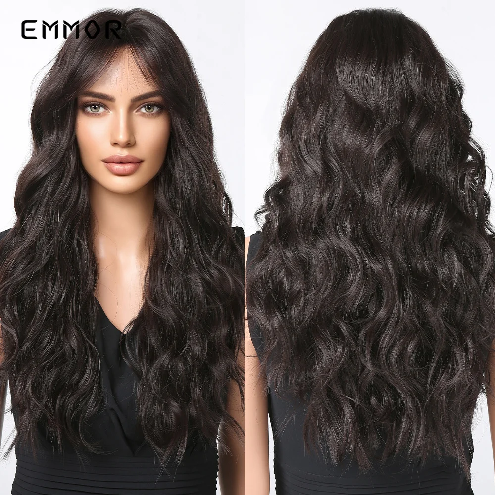 

Emmor Synthetic Natural Black Brown Water Wavy Wigs with Bangs Dark Brown Wave Hair Wig for Women Heat Resistant Fiber Hair Wig