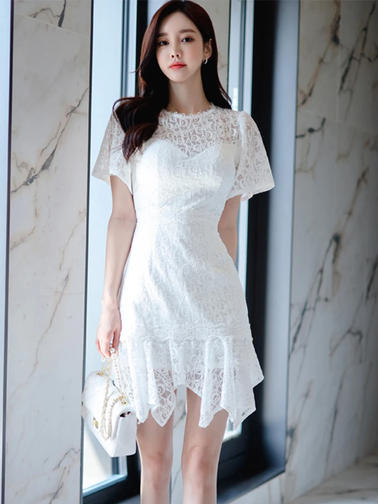 

Элегантное женское вечернее платье в Корейском стиле, милое кружевное привлекательное прозрачное облегающее мини-платье с круглым вырезом...