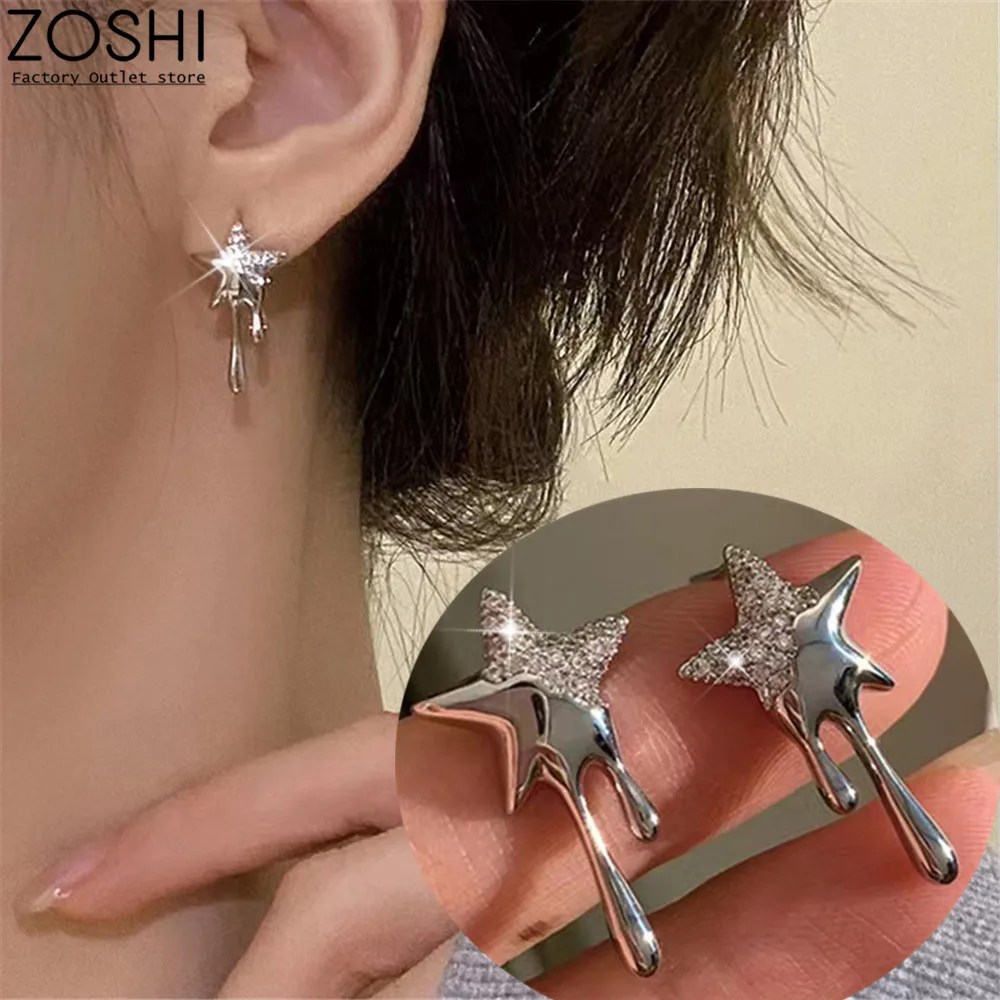 

Korean Style Silver Plate Zircon Crystal Star Drop Earrings For Women Lava Droplet Irregular Metel Brincos Party Jewelry Gifts