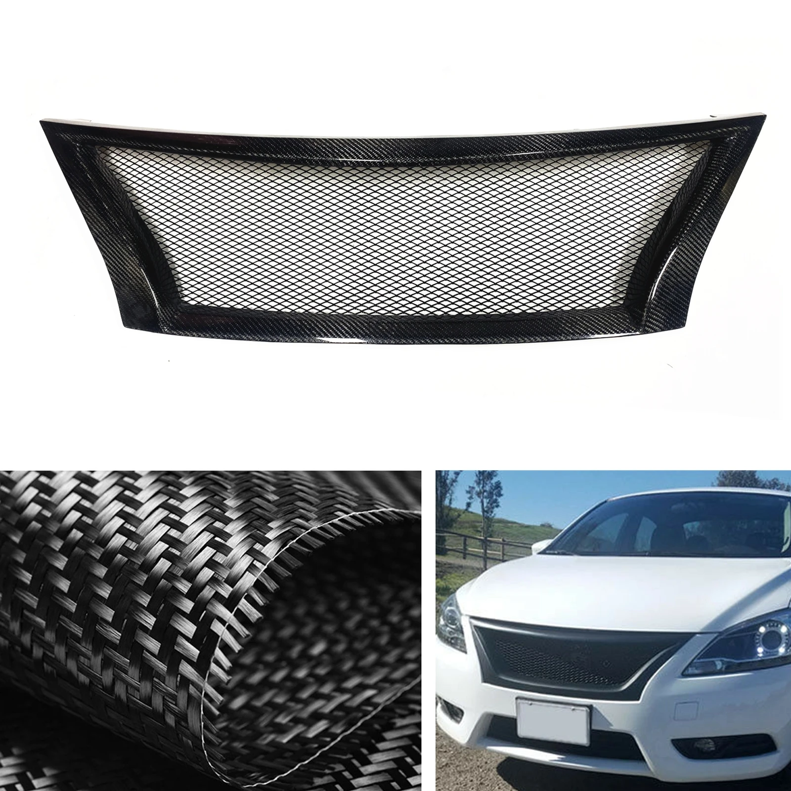 

Передняя решетка гоночная решетка для Nissan Sentra 2013-2015, сотовый стиль, настоящее углеродное волокно/стекловолокно, верхний бампер, фоторешетка