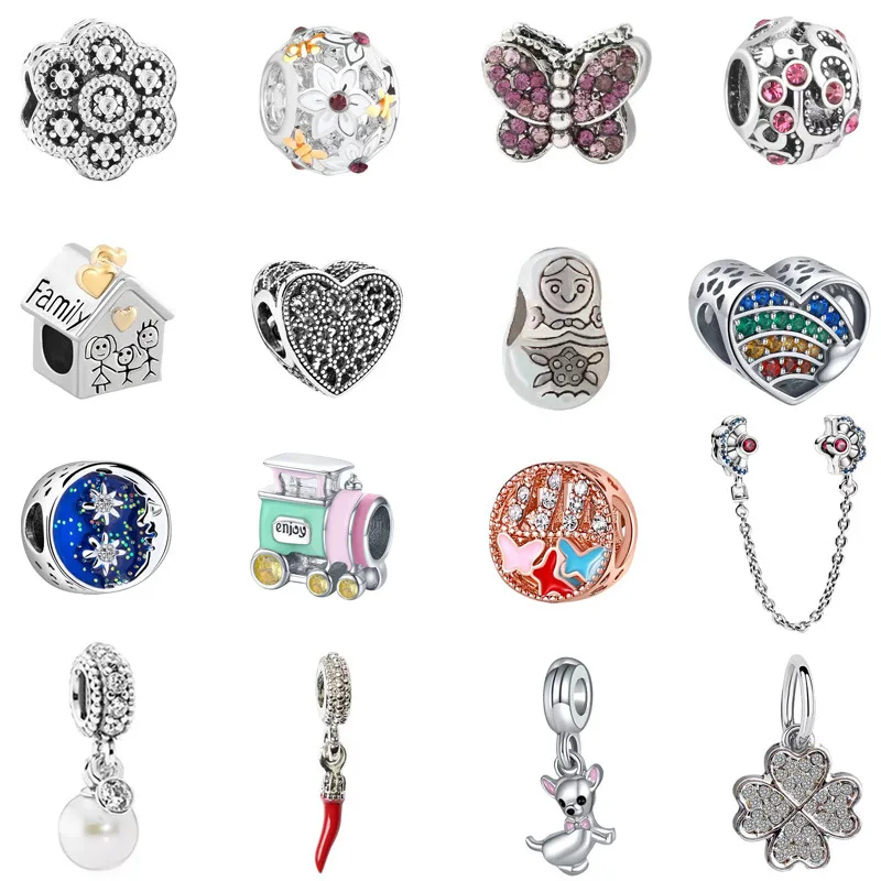 

Hot Selling 925 Silver Flowers with Butterfly Profusion Love Beaded Charm Pearl Four-leaf Clover Pendant DIY Jewelry Gift
