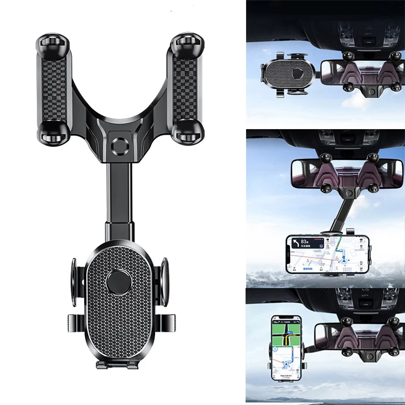 

360° Car Rearview Mirror Mount Phone Holder Universal Vehicle Mount Phone GPS Holder Rotating Adjustable Telescopic Holder