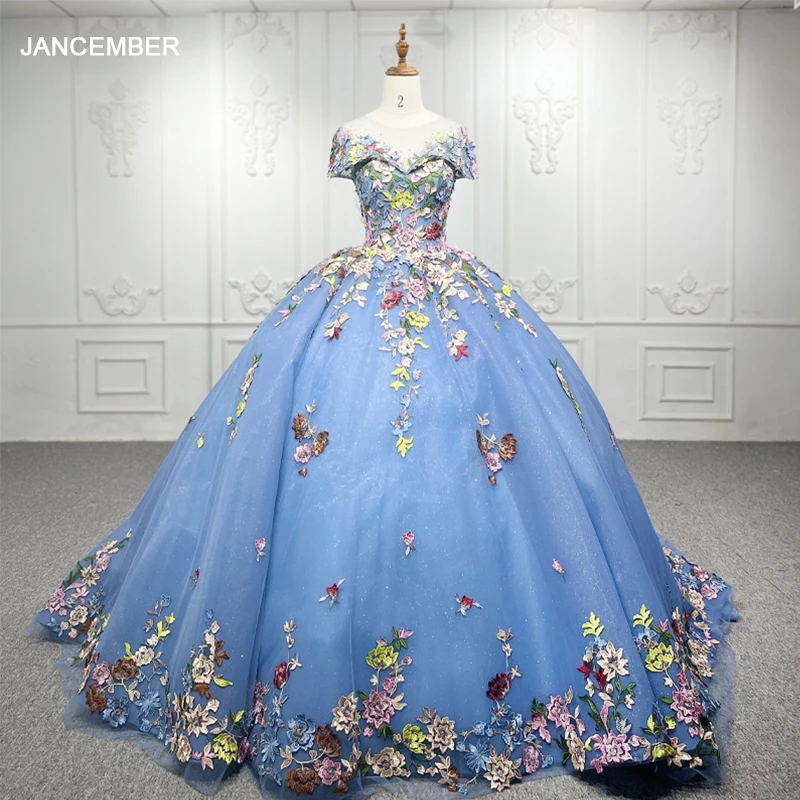 DY9942 Блестящие синие платья Quinceanera без рукавов с круглым вырезом и цветами