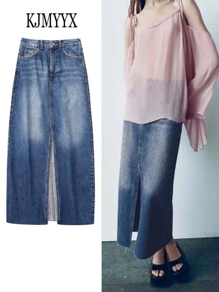 

Женская модная джинсовая юбка KJMYYX с высокой талией, Весенняя Новая женская повседневная юбка до щиколотки для женщин, элегантная юбка с разрезом спереди