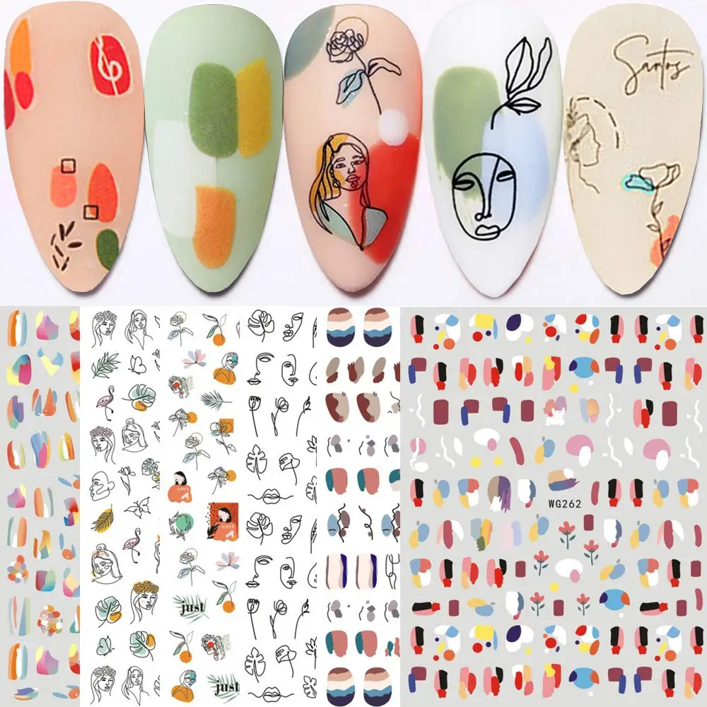6 Sheets Abstract Nail Decals 3D Self-Adhesive Abstract Lady Face Rose Leaf Nail Design Manicure Tips Nail Decoration