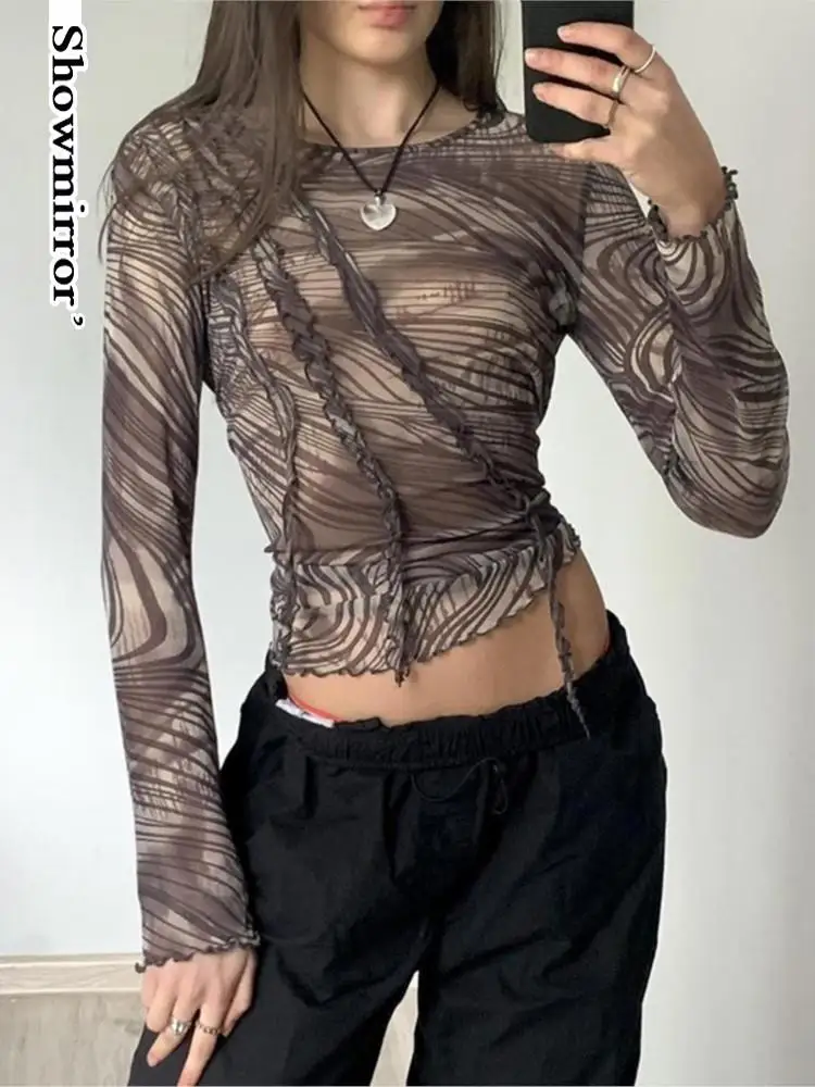 

Abstract Stripe Vintage Mesh Tops Aesthetic Y2K Clothes For Women Stitch Tassels Slim Long Sleeve Grunge Tees