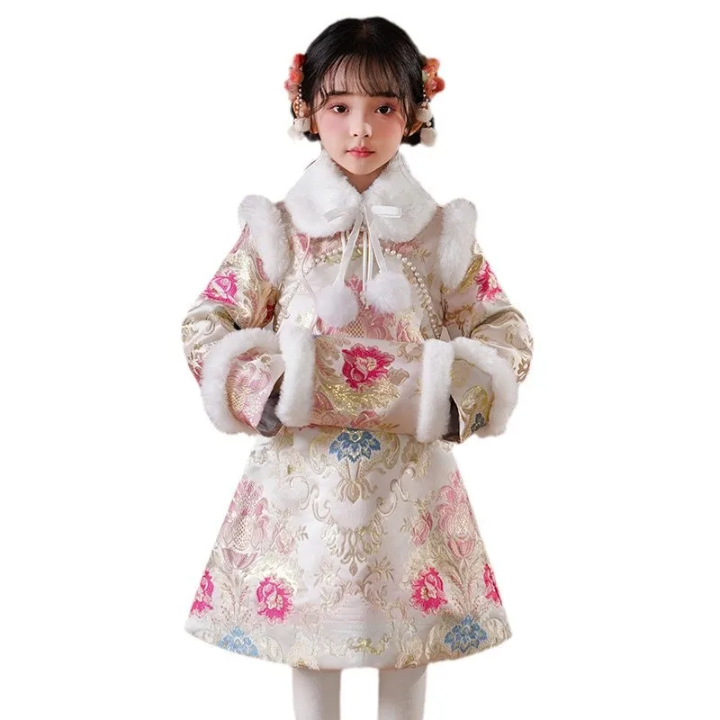 Новое зимнее плотное платье Ципао Ханфу для девочек детское Cheongsam с вышивкой