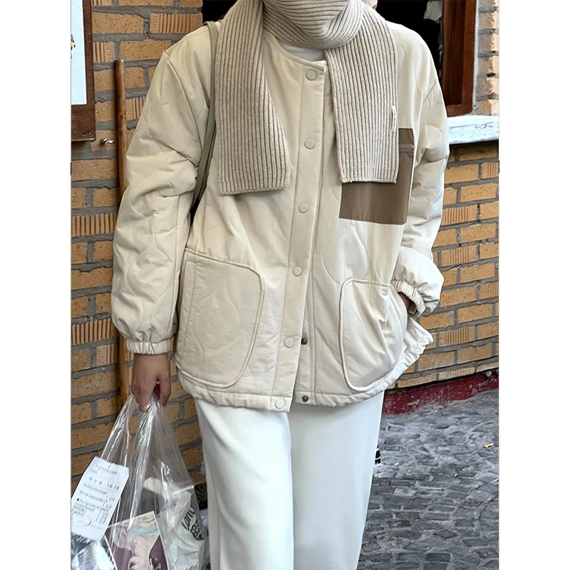 Bump Color Gourd Grain Cotton Women 2022 Autumn Winter New Round Neck Single Breasted Windproof Cotton Jacket