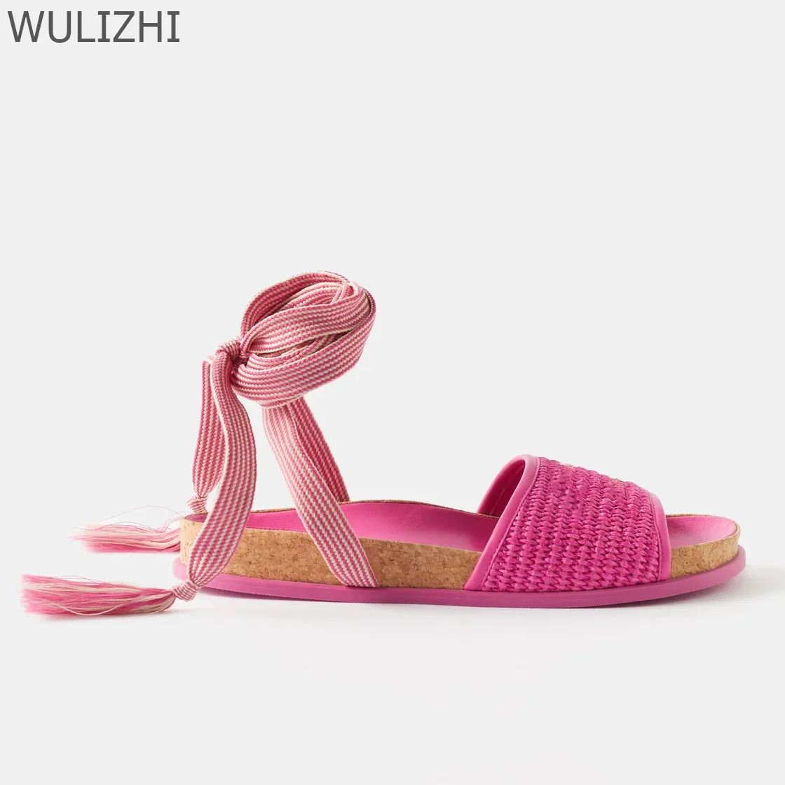 Gal Flat Sandals Rose Pink Embroidery Tassel-Tie Ankle Straps Rubber Outsoles Raffia Gladiator Casual Patchwork Round Toe Shoes