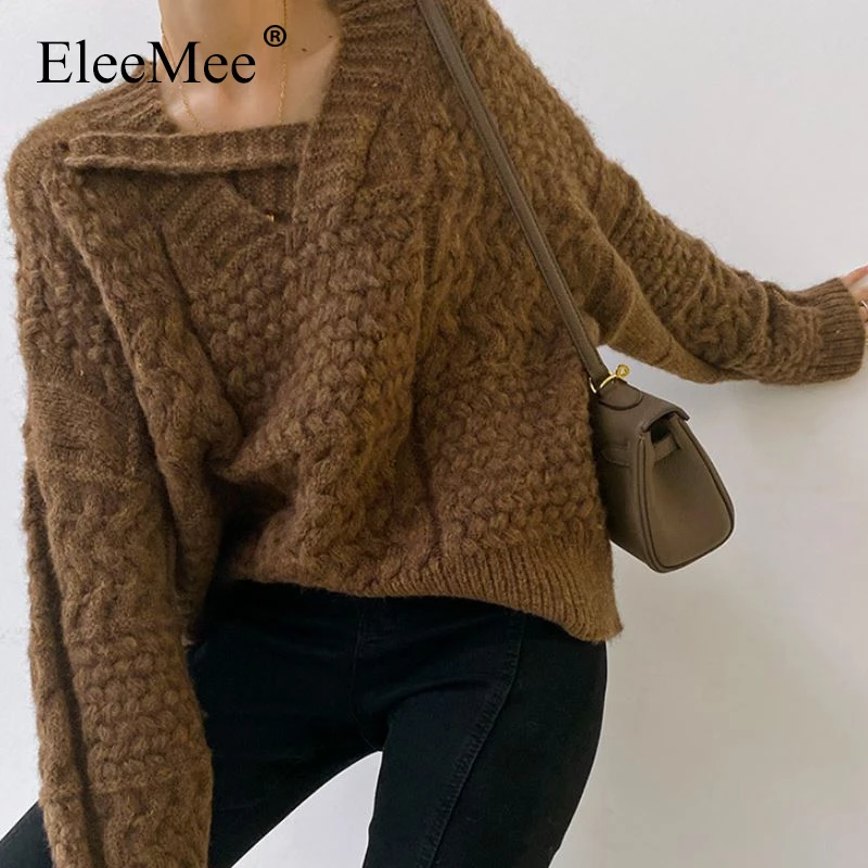 

EleeMee Women Knitted Sweater Twist V-Neck Loose Solid Color Daily Blouses 2022 New Arrival Spring Female Pullover Free Size